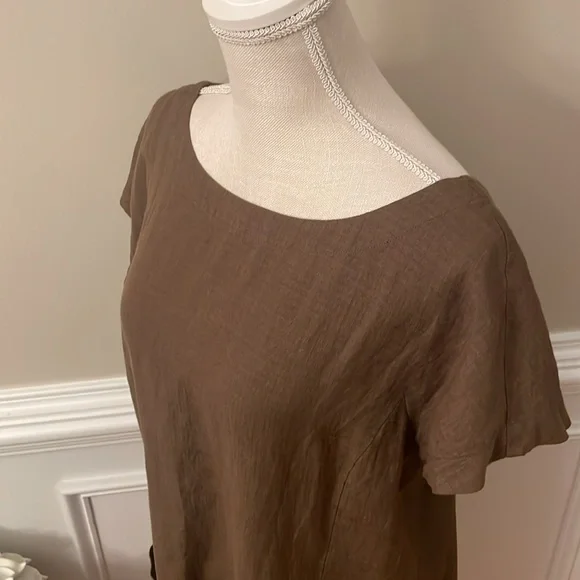 Eileen Fisher Brown Linen Ballet Neck Front Pocket Shift Dress Size Medium - Picture 4 of 10